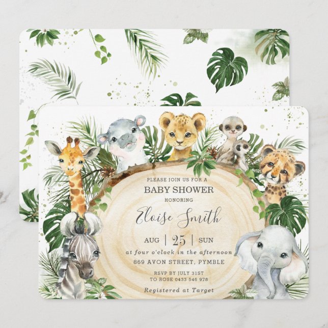 Jungle Animals Safari Wood Greenery Baby Shower In Invitation (Front/Back)