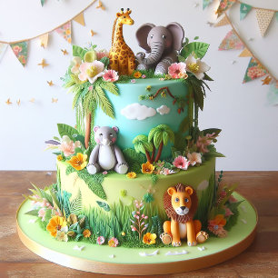JUNGLE ANIMALS THEMED KIDS BIRTHDAY LAYER CAKE CARD