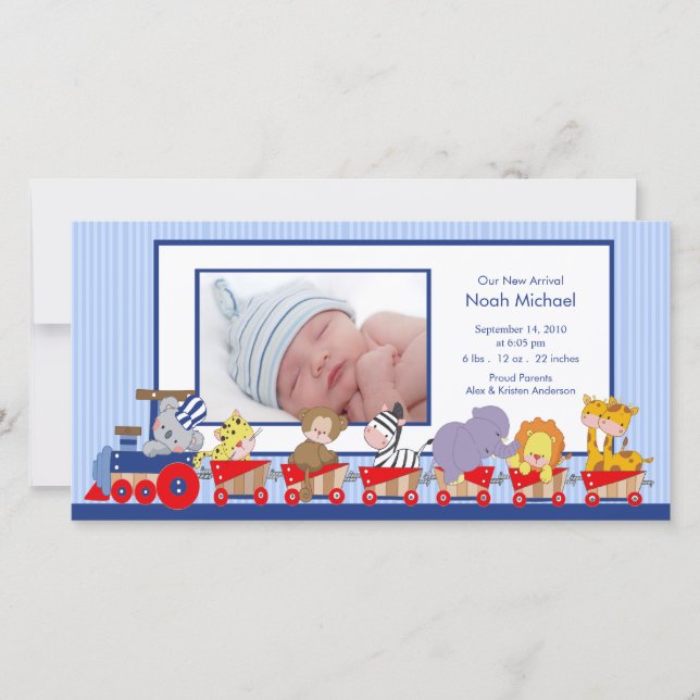 Jungle Animals Train Baby Boy Birth Annoucement Announcement (Front)