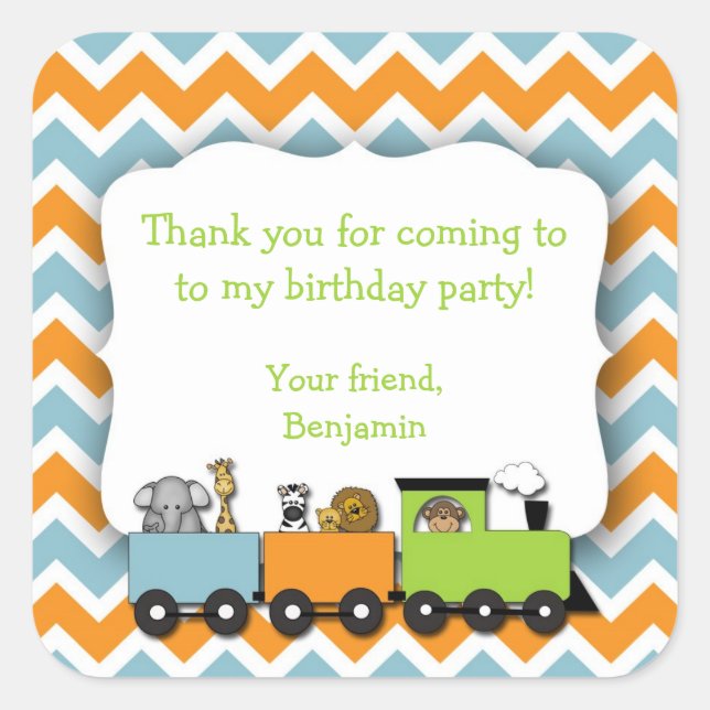 Jungle Animals Train Birthday Party Favour Sticker (Front)