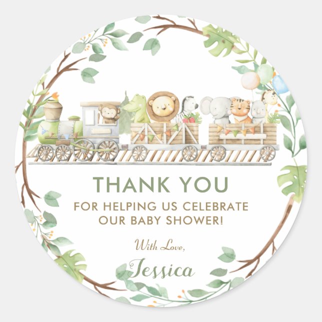 Jungle Animals Train Greenery Thank You Favour  Classic Round Sticker (Front)