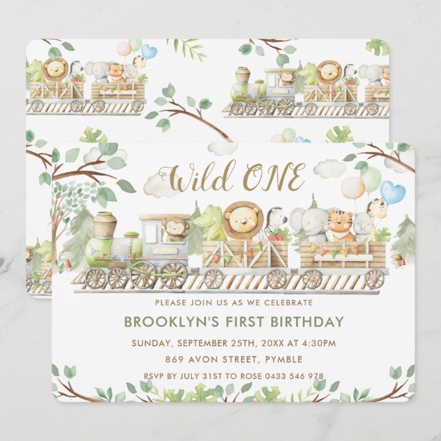 Jungle Animals Train Greenery Wild One Birthday Invitation (Front/Back)