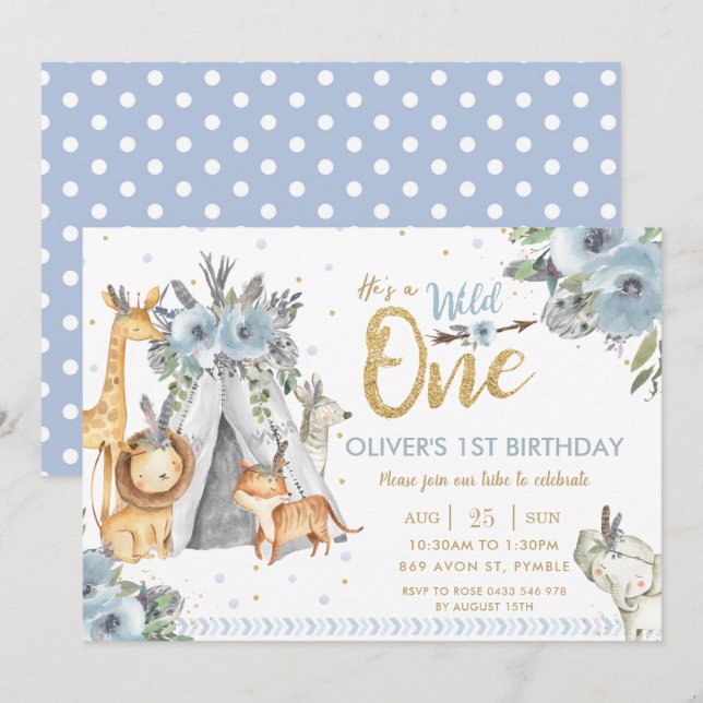 Jungle Animals Tribal Blue Wild One 1st Birthday Invitation (Front/Back)