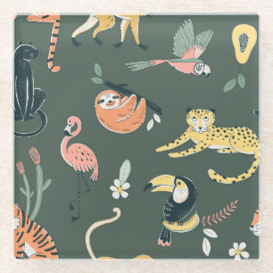 Jungle Animals Vintage Flora Fauna Glass Coaster