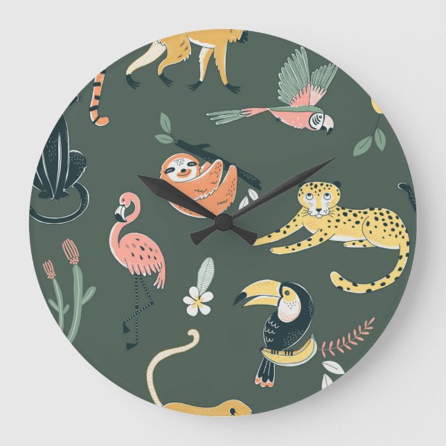 Jungle Animals Vintage Flora Fauna Large Clock (Front)