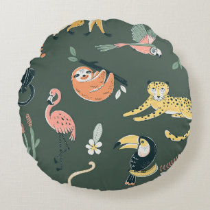 Jungle Animals Vintage Flora Fauna Round Cushion
