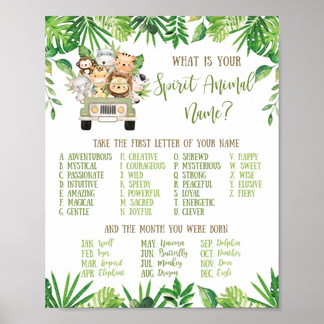 Jungle Animals What's Your Spirit Animal Name Game Poster (Front)