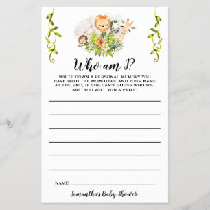 Jungle Animals Who I am Baby Shower Game Card