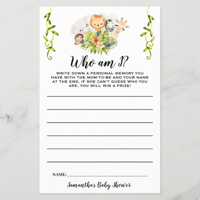 Jungle Animals Who I am Baby Shower Game Card (Front)