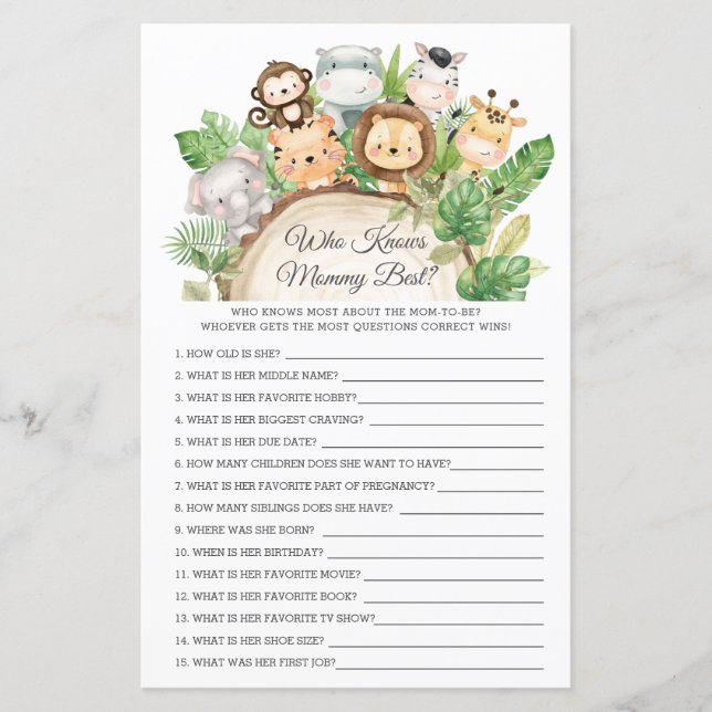 Jungle Animals Who Knows Mummy Best Shower Game (Front)