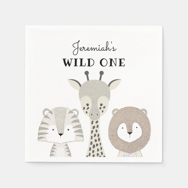 Jungle Animals Wild One Birthday Boy Baby Shower Napkin (Front)