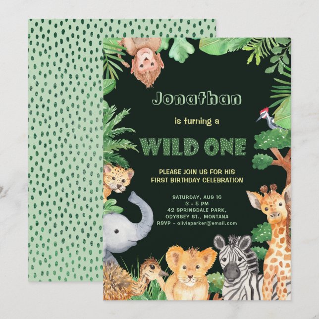 Jungle Animals Wild One First Birthday Invitation (Front/Back)
