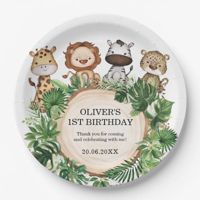 Jungle Animals Wild Safari Greenery Birthday Boy Paper Plate (Front)