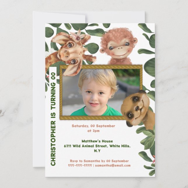 Jungle animals wild theme photo birthday party invitation (Front)