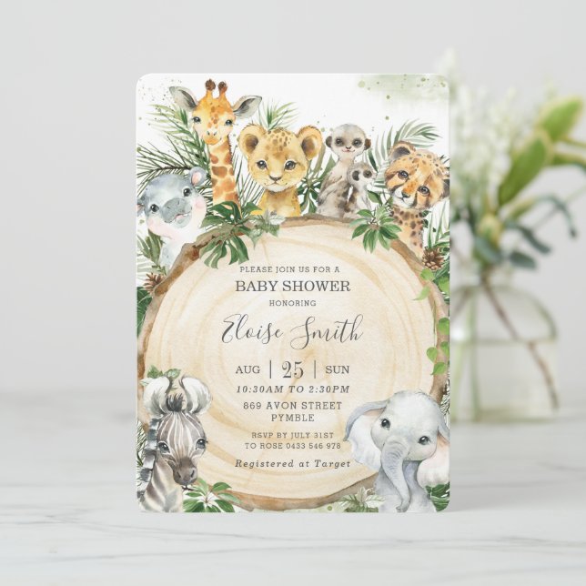 Jungle Animals Wood Slice Greenery Baby Shower Invitation (Standing Front)