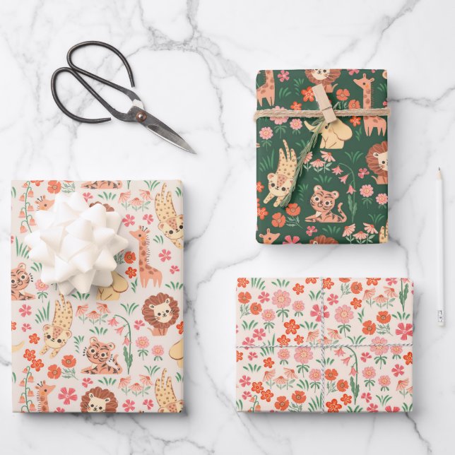 Jungle Animals Wrapping Paper Flat Sheet Set of 3 (Front)