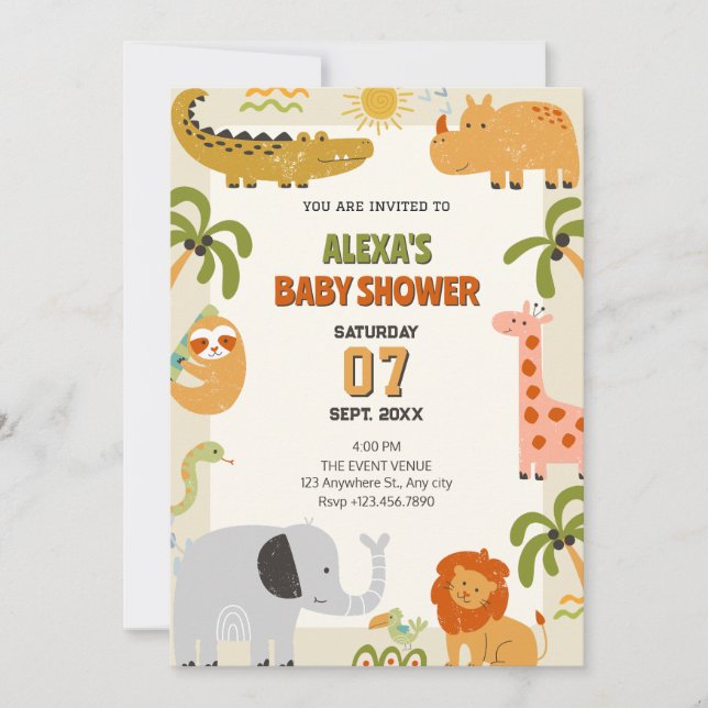 Jungle animals zoo baby shower invitation (Front)