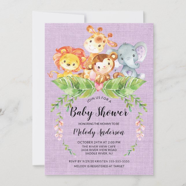 Jungle Baby Animals Girls Baby Shower Invitation (Front)