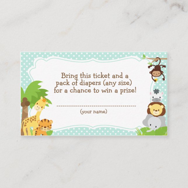 Jungle Baby Shower Diaper Raffle ticket blue Enclosure Card (Front)