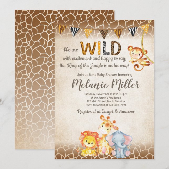 Jungle Baby Shower Invitation, Boy Elephant Baby Invitation (Front/Back)