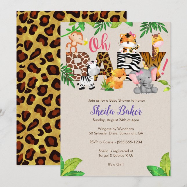 Jungle Baby Shower Invitation - Girl Baby Shower (Front/Back)