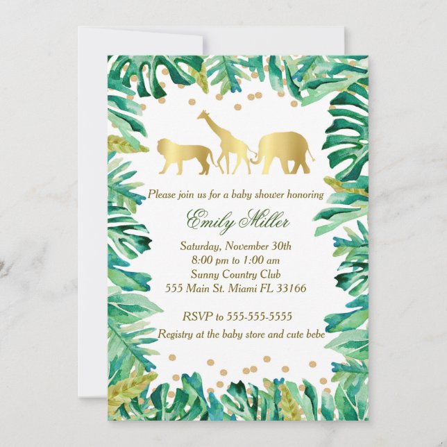Jungle Baby Shower Invitation Gold Animals (Front)