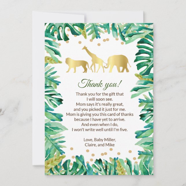 Jungle Baby Shower Thank You Card Cute Animals (Front)