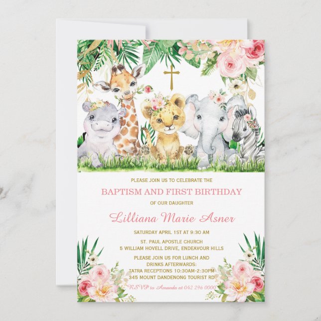 Jungle Baptism and First Birthday Girl Invitation (Front)