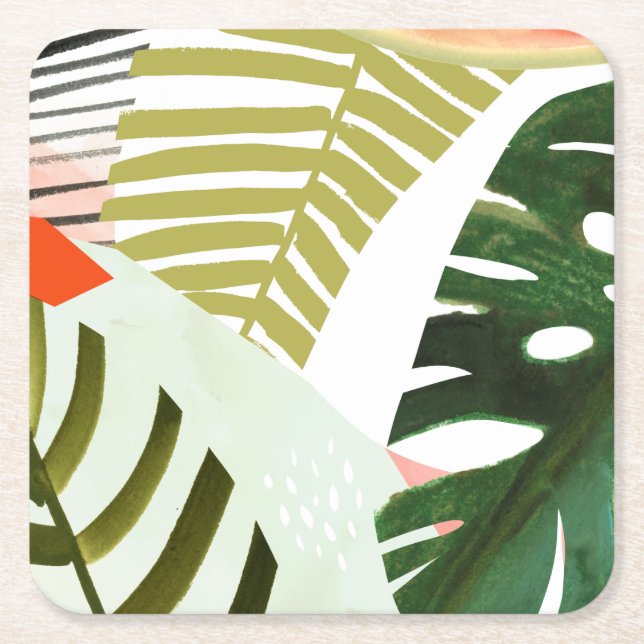 Jungle Beat Tropical Greenery Square Paper Coaster (Front)
