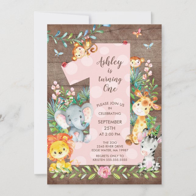 Jungle Big One Girls Birthday Invitation (Front)