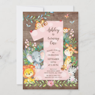Jungle Big One Girls Birthday Invitation