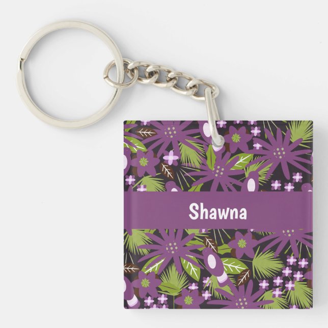 Jungle Bird Pattern Purple Greenery   Key Ring (Front)
