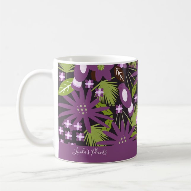 Jungle Bird Pattern Purple Greenery Tropical Plant Coffee Mug (Left)