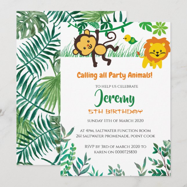 Jungle Birthday Party Invitation Lion for Boys (Front/Back)
