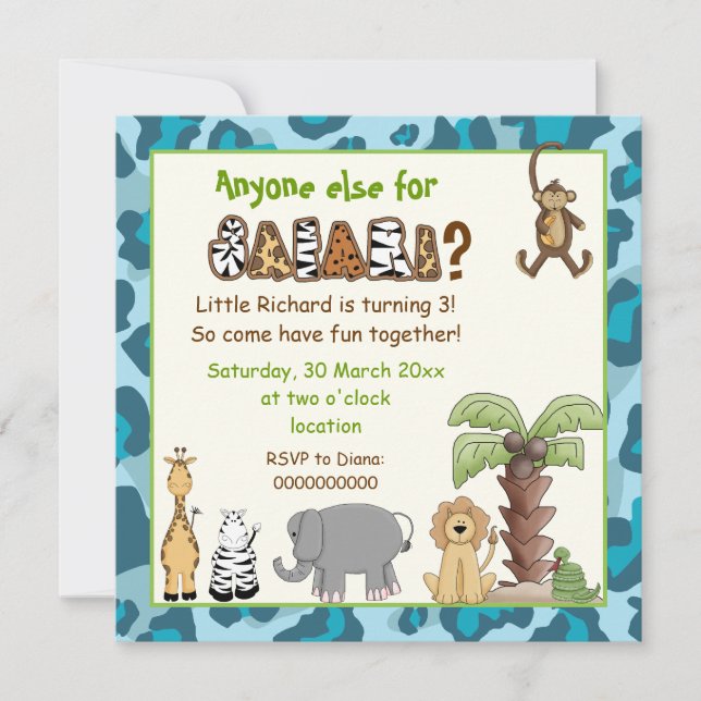 Jungle blue animals safari kids birthday party invitation (Front)