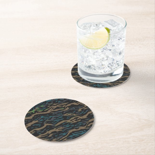 Jungle Blue Camouflage Design Round Paper Coaster (Insitu)