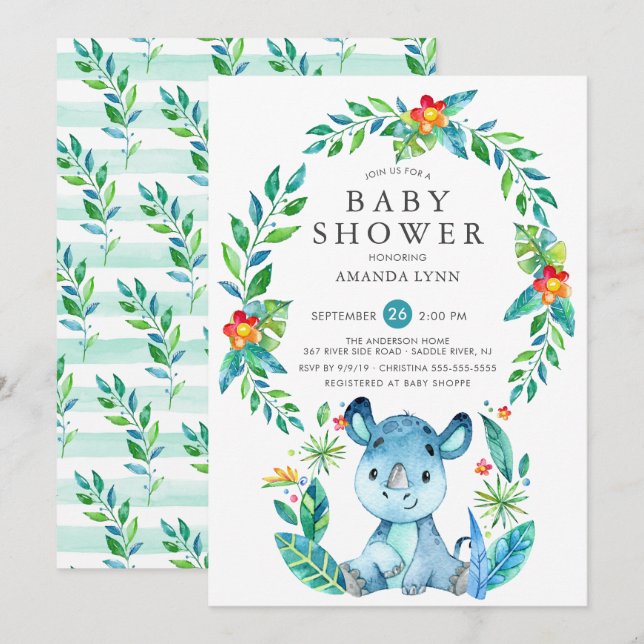 Jungle Blue Rhinoceros Boy Baby Shower Invitation (Front/Back)