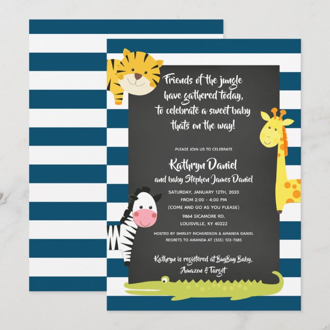 Jungle Boy Animal Chalkboard Baby Shower Invitation (Front/Back)