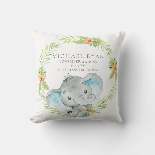 Jungle Boy Elephant Baby Birth Stats Pillow (Front)
