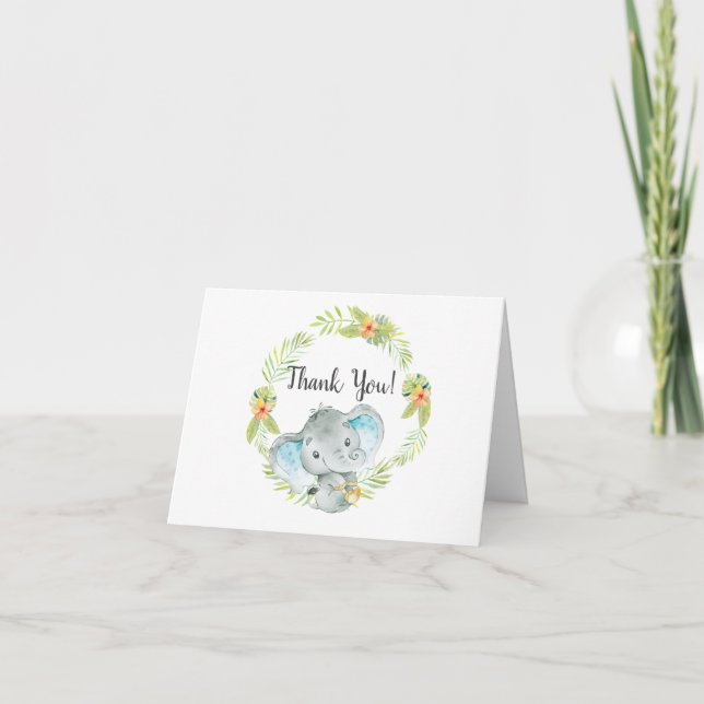 Jungle Boy Elephant Baby Shower Thank You Note Card (Front)