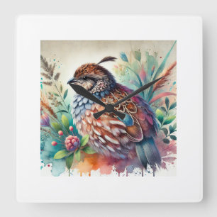 Jungle Bush Quail 180924AREF115 - Watercolor Square Wall Clock