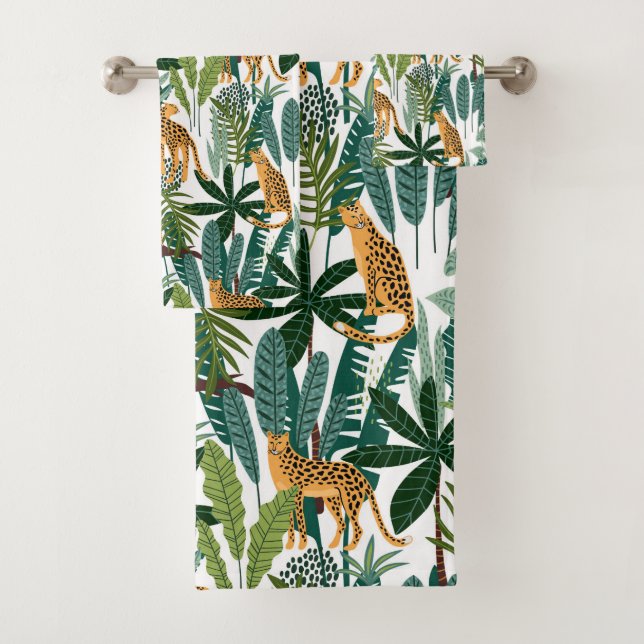 Jungle cat and leaves pattern bath towel set (Insitu)