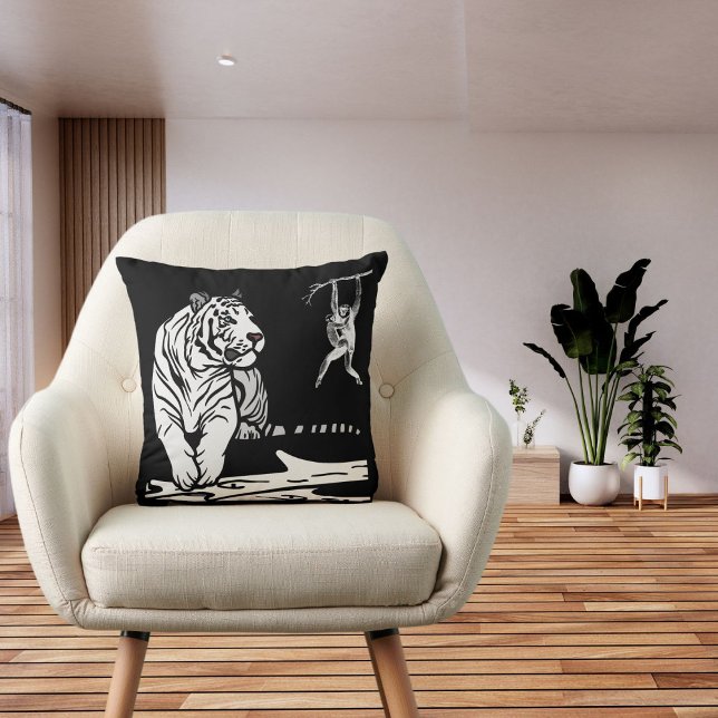 Jungle Cat Tiger Gazing Wild On Black White Modern Cushion (Creator Uploaded)