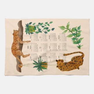 Jungle cats; Leopards and pot plants 2025 calendar Tea Towel