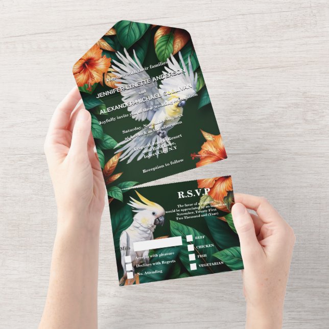 Jungle cockatoo parrot hibiscus monstera leaf all in one invitation (Tearaway)