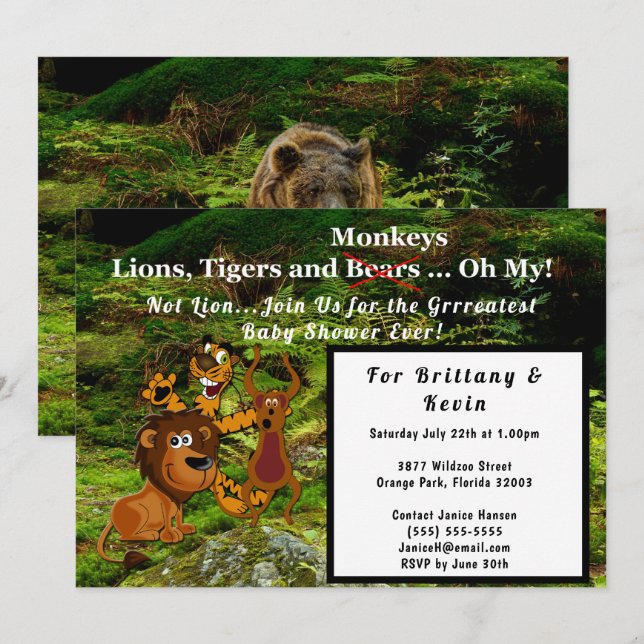 Jungle Couple Baby Shower, Lion Tiger Monkey Bear Invitation (Front/Back)