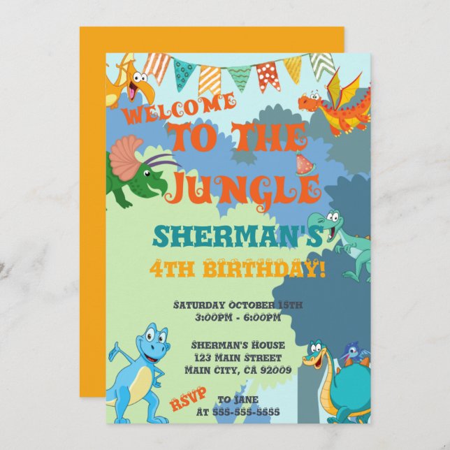 Jungle Dinosaur 1st 2nd 3rd 4th 5th Kids Birthday Invitation (Front/Back)