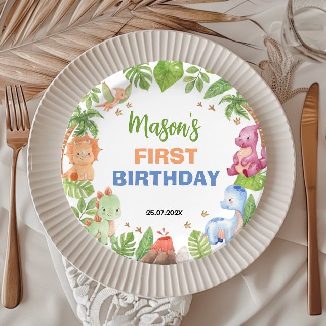Jungle Dinosaur Boy Birthday Party Paper Plates (Creator Uploaded)
