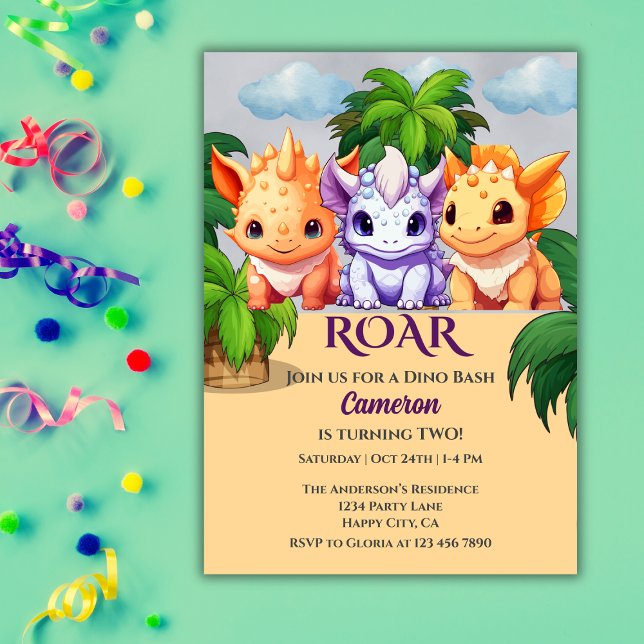  Jungle Dinosaur Dino Bash 2nd birthday Party Invitation (Creator Uploaded)