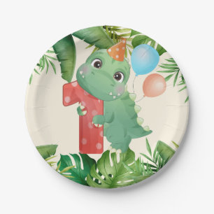 Jungle Dinosaur Palm Leaves 1st Birthday Party Paper Plate